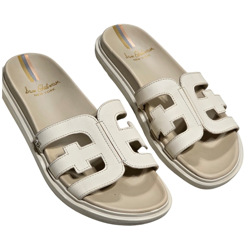 Sam Edelman Valeri Ivory Leather Platform‎ Slide Sandals Womens 8M Cutout Logo